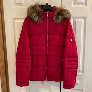 Woman’s New Calvin Klein Red Winter Coat With Fake Fur Hood